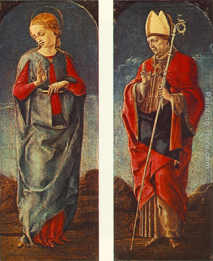 Virgin Announced and St Maurelio (panels of a polyptych) painting - Cosme Tura Virgin Announced and St Maurelio (panels of a polyptych) art painting